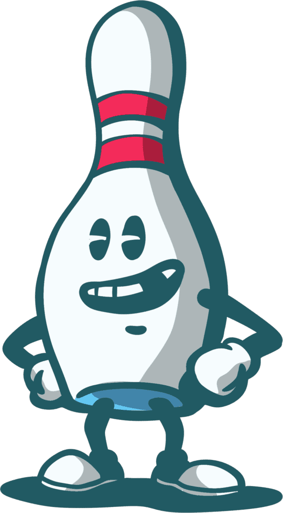 A smiling bowling pin character with a friendly expression, standing upright and ready for play