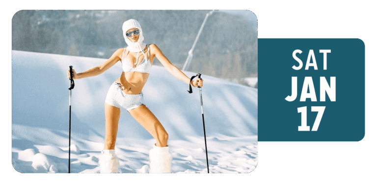 Woman in ski outfit and furry boots holding ski poles. Text: SAT JAN 17.