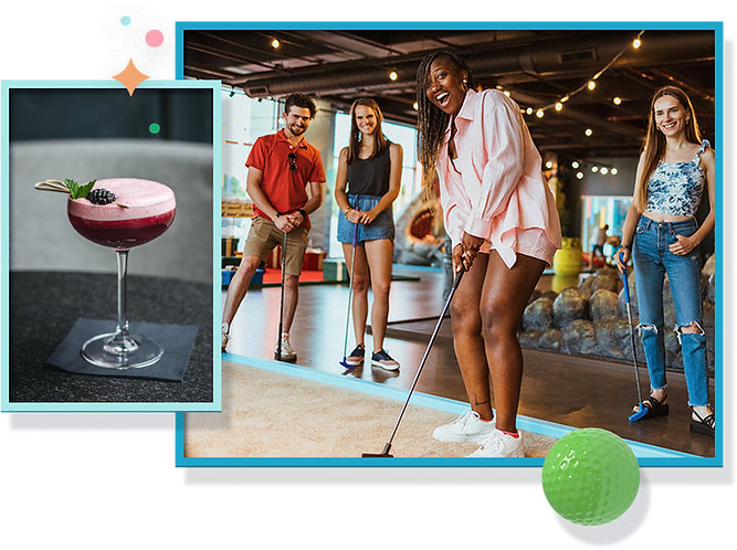 Collage of pictures including young adults playing indoor mini golf