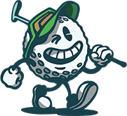 A cartoon-style character with a grinning face and large eyes, wearing a golf-related outfit